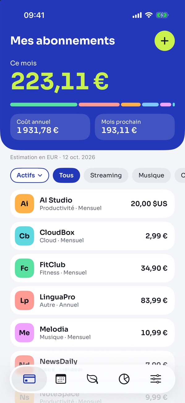 Écran Mes abonnements de MyAbon+ sur iPhone